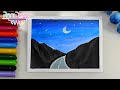 Cómo dibujar un paisaje nocturno con montañas, luna y carretera | Dibujo con acuarelas | Paso a pa