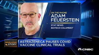 Astrazeneca has paused its covid vaccine clinical trials after a
volunteer participant had neurological symptoms. adam feuerstein, stat
news, joins cnbc's me...