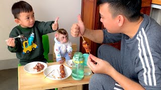 Monkey Puka and Khang have a delicious BBQ party with Dad