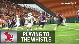 Bishop gorman's jayden ott thinks it's an incomplete pass but saint
louis' lawaialani brown and nick herbig crash in to force a fumble
return it 11 yards...