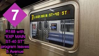 Hudson Yards bound {7} train with "EXP MAIN ST-40 ST" program leaves 5 Avenue