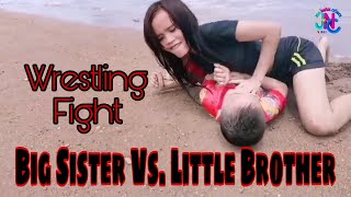 Big Sister Vs. Little Brother Wrestling Fight in the Beach | Big Sister and Little Brother Fighting