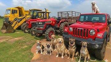 JCB 3dx Backhoe Machine Loading Mud in Mahindra 575 Tractor Trolley , TATA Dump Truck And Thar Car