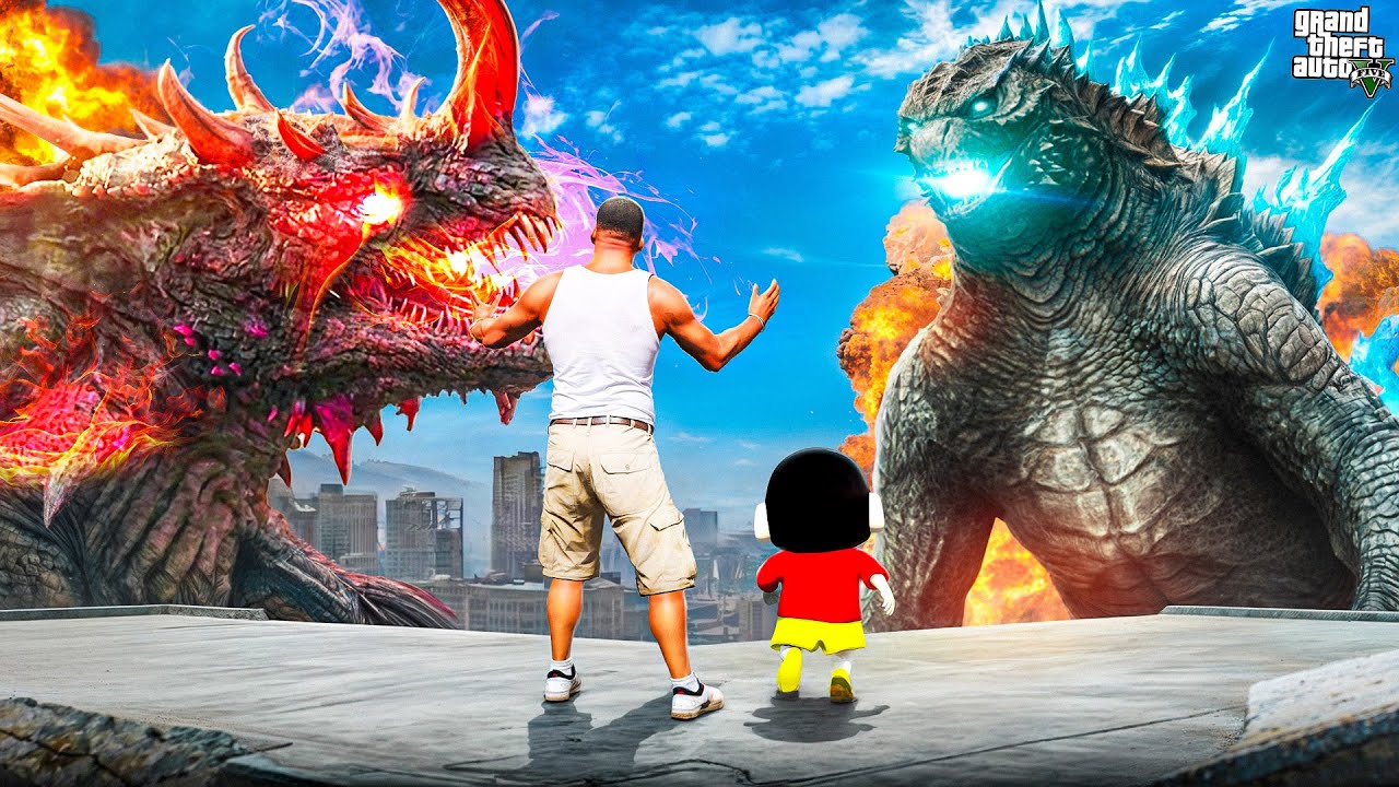 Godzilla vs Titan X Franklin & Shinchan save Los Santos in GTA 5