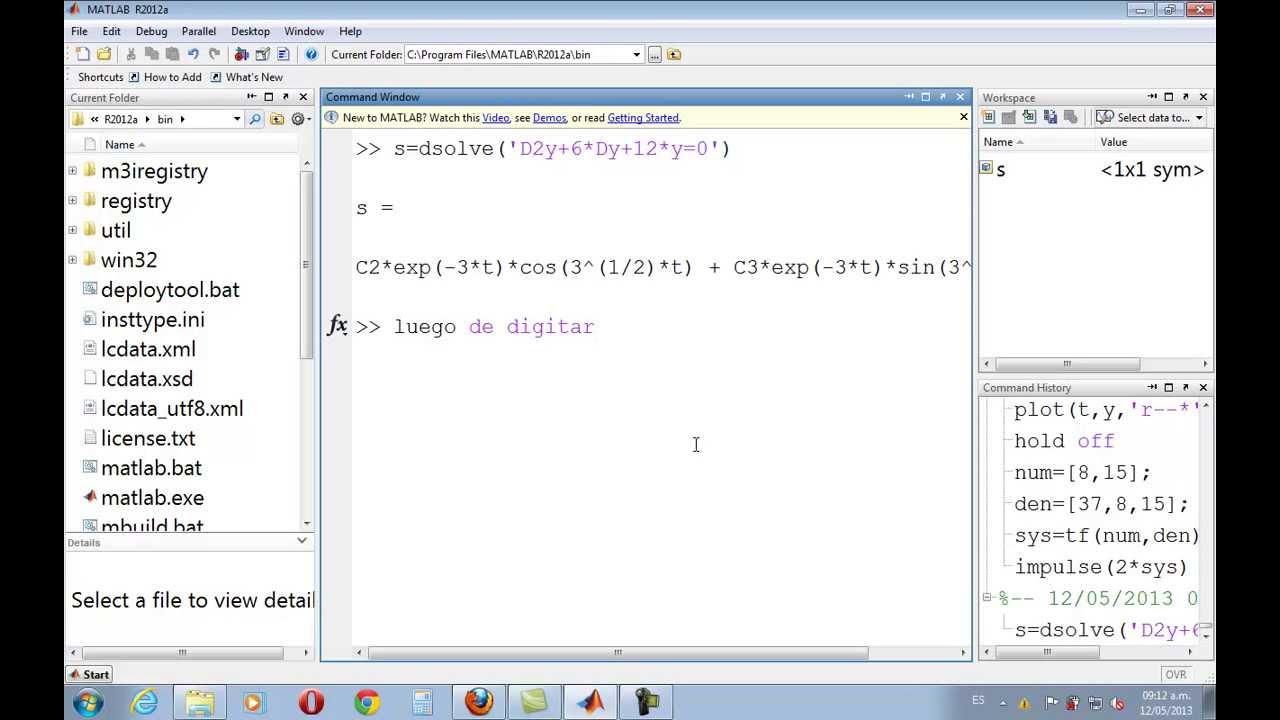 solucionar una ecuacion diferencial en Matlab 2012 - YouTube