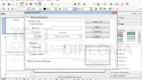 Enter the text LibreOffice in the footer of every slide of the presentation.