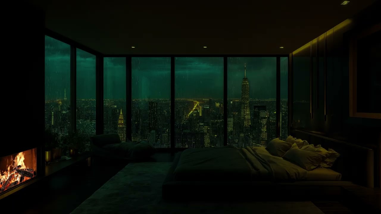 [FALL ASLEEP FAST] Gentle City Rain & Warm Fireplace Crackles in a Cozy City Apartment at Night 😴🌧️