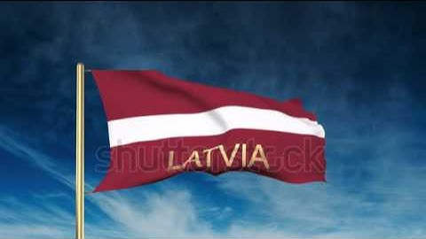 Latvia flag slider style with title. Waving in the wind with cloud background animation Stock video
