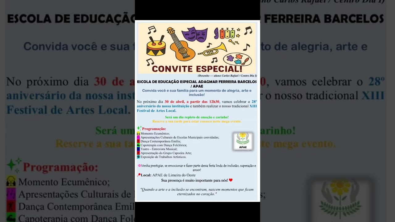 Convite Especial – 28º Aniversário da APAE e XIII Festival de Artes Local