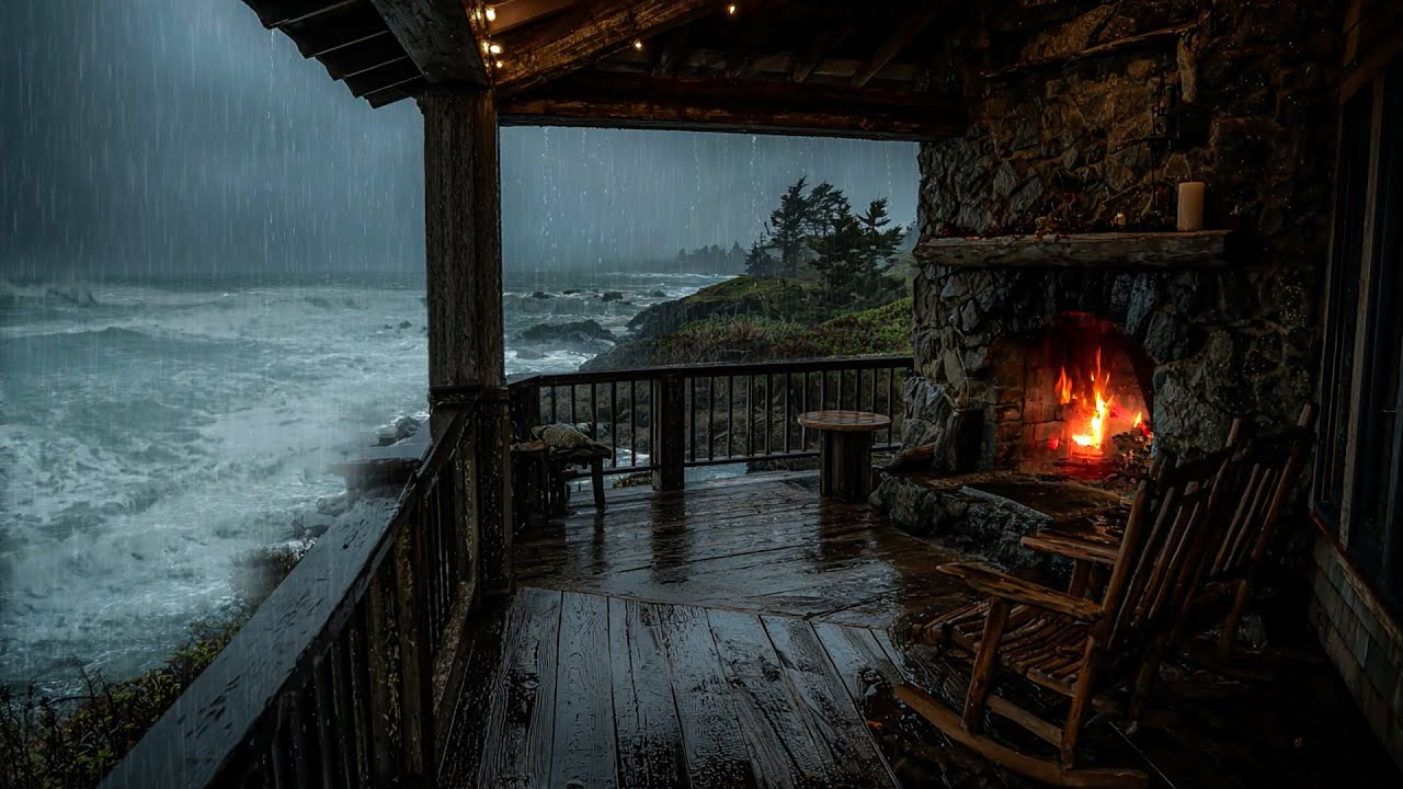 Cozy Rain & Distant Thunder by the Sea Cabin | Fireplace Sounds for Sleep and Relaxation 🌧🔥