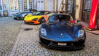 Exclusive Porsche gallery party in Antwerp - Porsche 918 Spyder cold start, accelerating