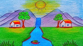 Water fall scenery drawing || mountain and river drawing  easy step by step#trending #viral #art