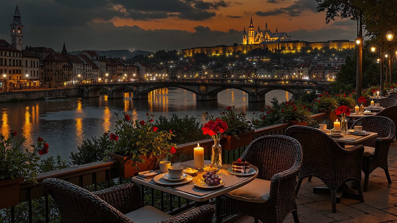 Romantic Evening Jazz Café ☕ Riverside City Lights & Cozy Outdoor Dining Ambience for Relax & Focus