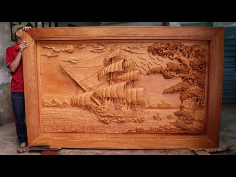 Đục bức tranh Thuận Buồm Xuôi Gió gỗ Gõ dài  2m - Carving a Tall Ship - Nghệ nhân Âu Lạc 18