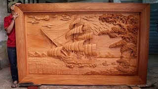 Đục bức tranh Thuận Buồm Xuôi Gió gỗ Gõ dài  2m - Carving a Tall Ship - Nghệ nhân Âu Lạc 18