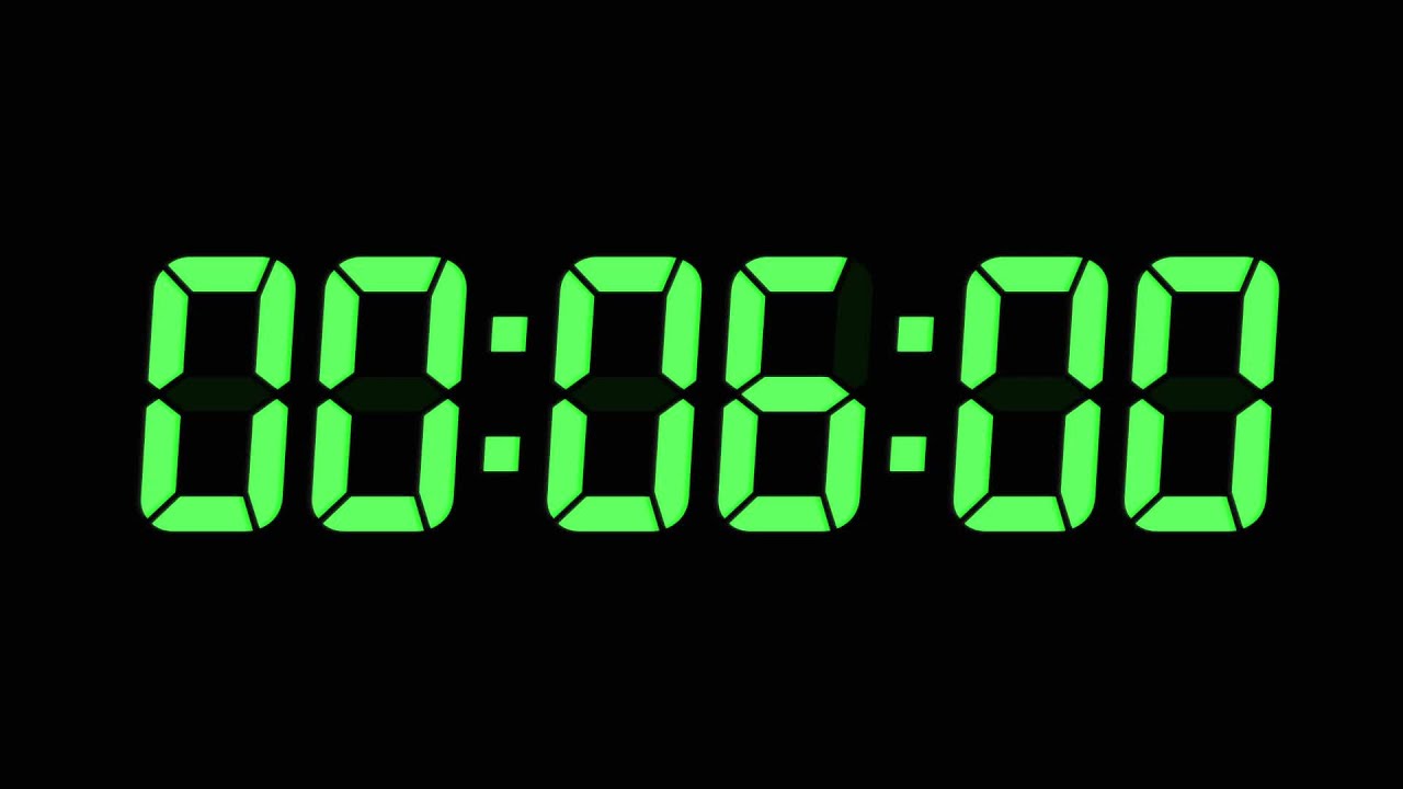 6 Minutes Digital Countdown Timer | Black Background | Green Text | No Sounds