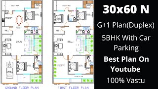 30x60 North Facing House Duplex plan|100% Vastu|5BHK#uttar_mukhi