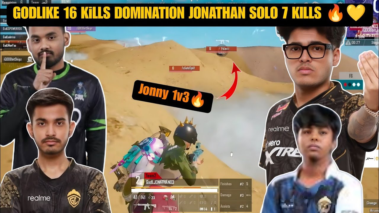 JONATHAN SOLO 7 KILLS 🔥 GODLIKE 16 KILLS DOMINATION 💛🔱 