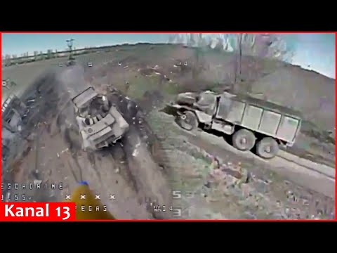 Kamikaze drones strike a moving Russian truck and a tank that was opening fire