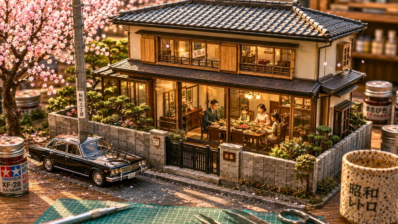 満開の桜の下、自分たちが模型だと知らない昭和レトロな小さな街｜AI