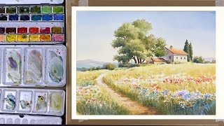 Watercolor Painting - Golden Fields and a Rustic Cottage