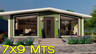 Casa pequeña de 7x9 metros | Plano de casa con 2 habitaciones y 2 baños