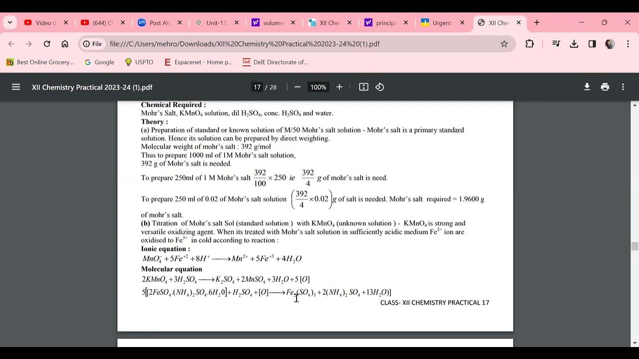 volumetric analysis of Mohr's salt and KMnO4 solution of class XII