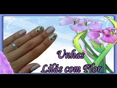 Unhas Lilás com Flor Manual Bela e Simples Nail Art