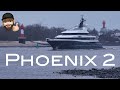 4K | Yacht PHOENIX 2 - stormy and snowy arrival at shipyard Lürssen