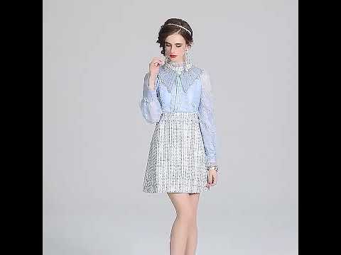 Lace Tweed Short Mini Dress Beading Embroidery Sheer Long Sleeve | Princessly Dresses