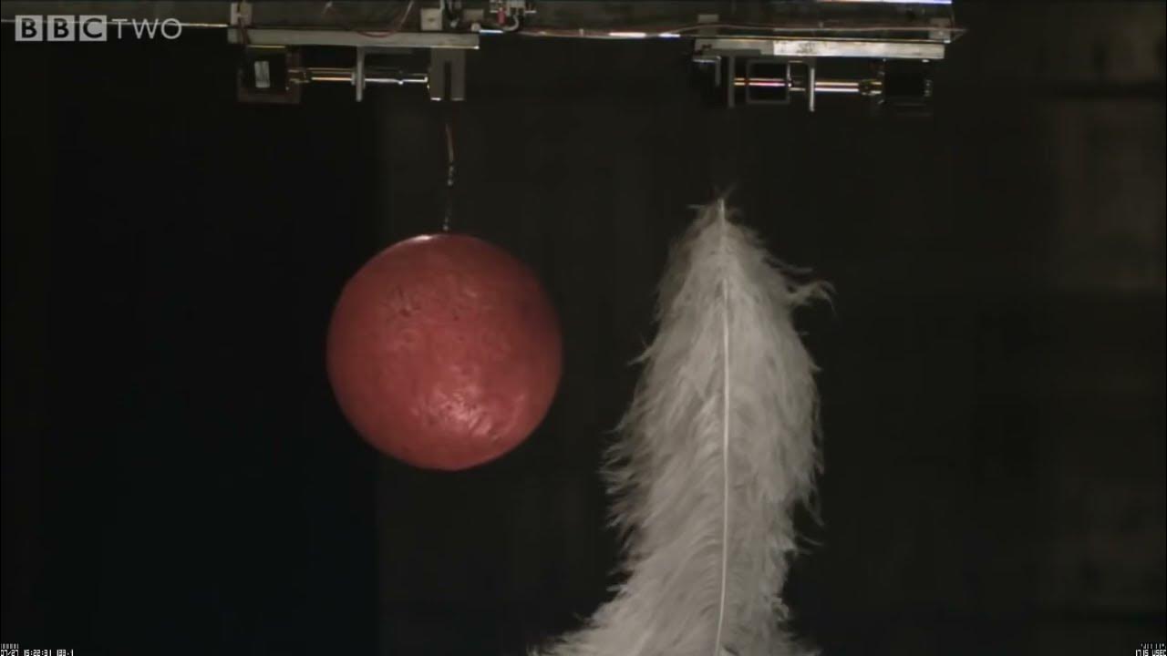 Experiment with a bowling ball and a feather falling in a vacuum. 진공