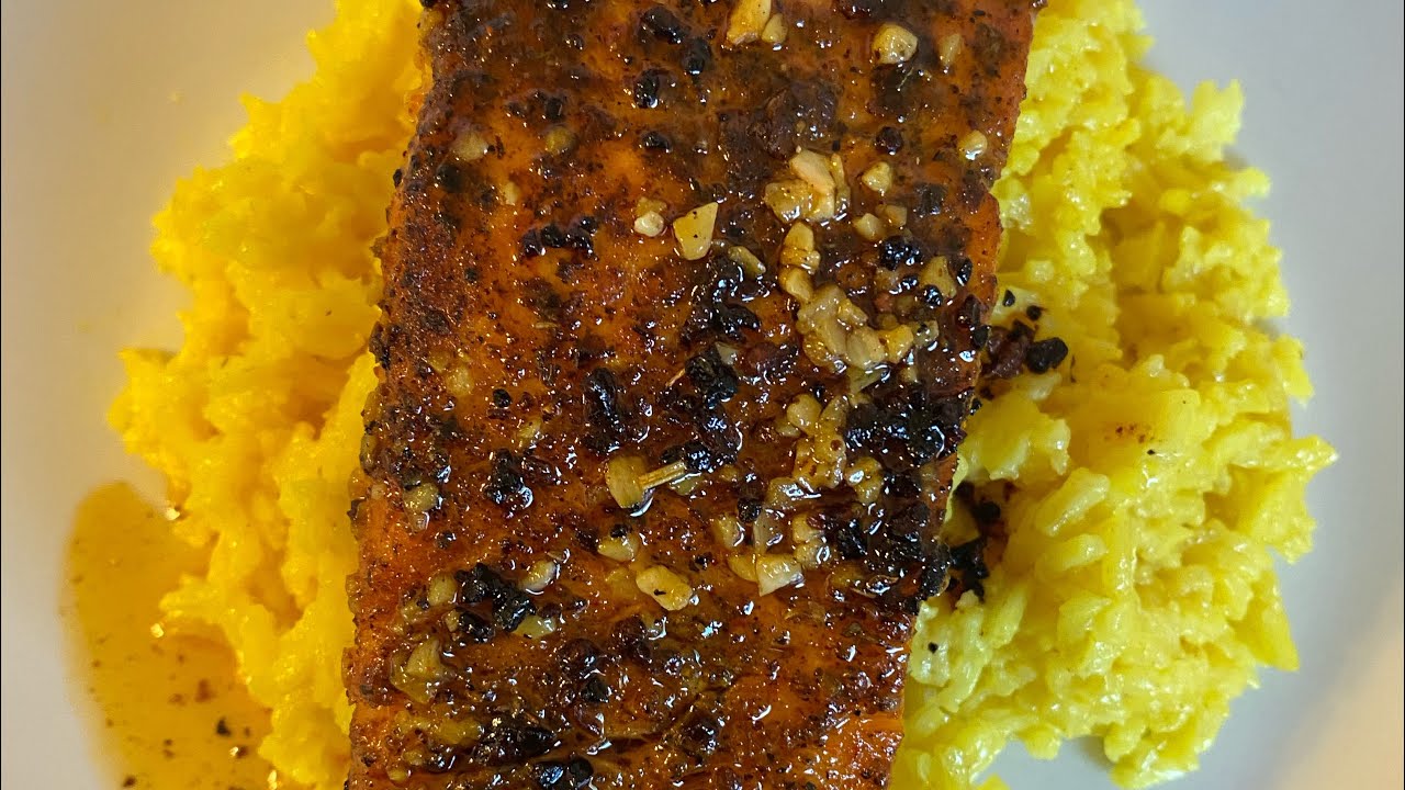Pan Seared Garlic Butter Salmon and Yellow Rice YouTube
