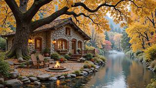 A Soft Piano Music Riverside Forest Cabin 🍂🔥 Cozy Autumn Nature, Fire Pit Ambience & Campfire Sounds screenshot 4