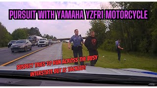 🏍Pursuit w/ Yamaha YZFR1 Motorcycle - suspect jumps off & runs across the busy Interstate *TACKLED*