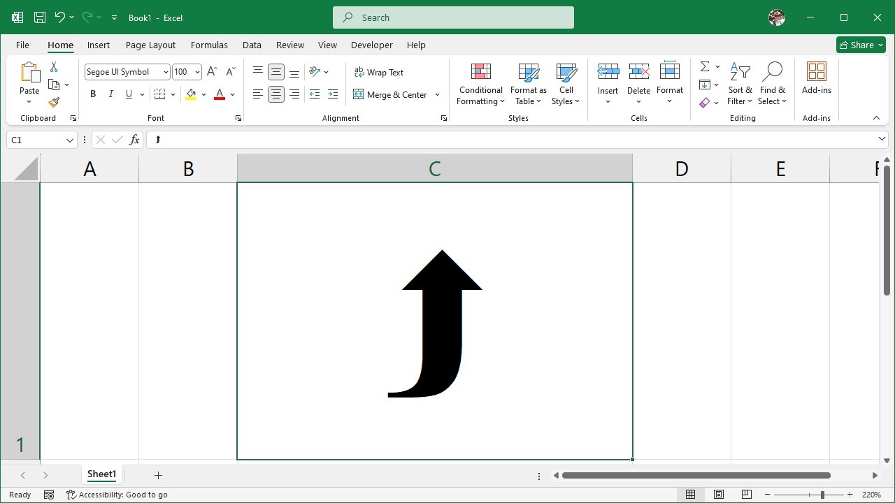 How to Insert the Black Curved Rightwards and Upwards Arrow in Excel