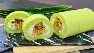 班兰瑞士蛋糕卷食谱Pandan Swiss Roll Recipe|不开裂毛巾面,天然绿No Crack Towel Cake Roll,Natural Green椰丝馅Coconut Filling