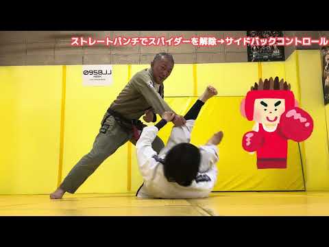 ストレートパンチでスパイダーを解除→サイドバックコントロール　Break the kick spider guard and pass the guard