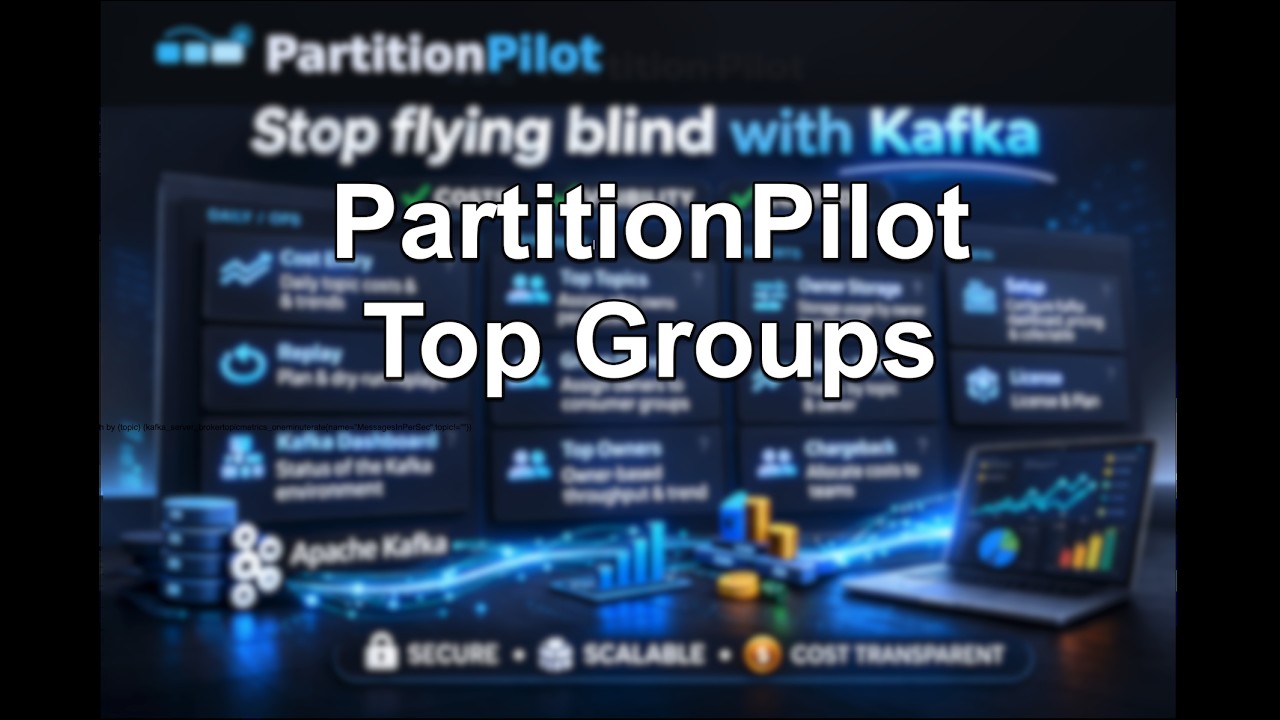 PartitionPilot Tutorial: Top Groups (Committed msgs/sec) – Consumer Throughput, Trend, Owner & Tags