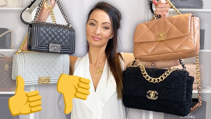 BAG COMPARISON: CHANEL 19 MEDIUM VS. LARGE & LEATHER VS. TWEED – WHAT FITS,  MEASUREMENTS & PRICES 