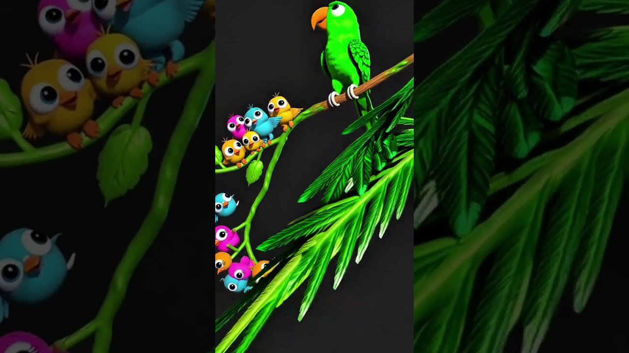 A lovely parrot sits on a tree,With little chicks, so full of glee