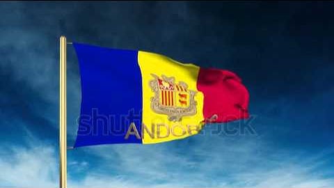 Andorra flag slider style with title. Waving in the wind with cloud background animation Stock