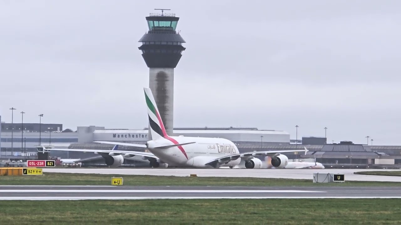 Emirates A380 arrival Saudi Arrival an virgin Atlantic A350-1041 departure (Manchester Airport)