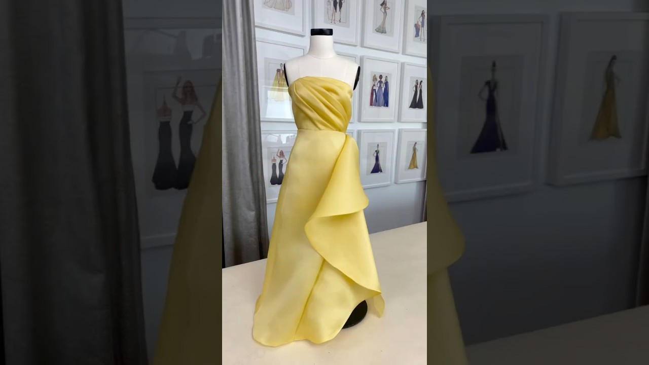 Draping a Yellow Satin Back Organza Side Ruffle Gown