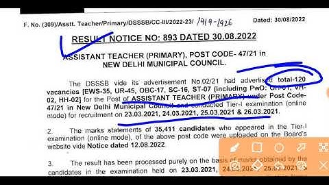 dsssb FINAL RESULT ASSISTANT TEACHER (PRIMARY), POST CODE - 47/21 IN NDmc
