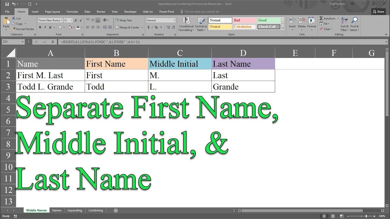 Separate First Name, Middle Initial, and Last Name into Different Variables using Excel