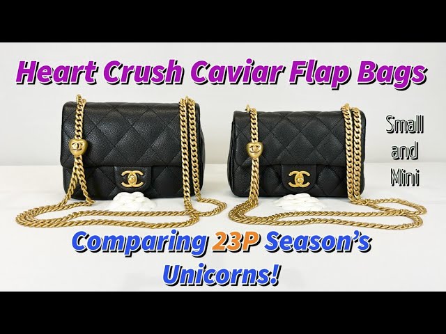 Comparing 23P Season's Unicorns: Small and Mini Size Heart Crush Caviar  Flap Bags. 