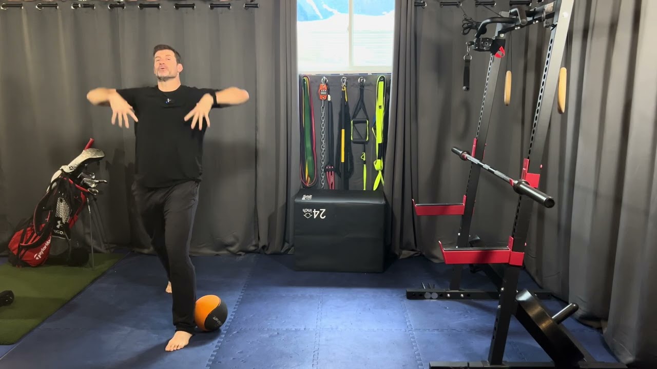 Med Ball Split Stance Overhead Slam to Lateral Hop Decel Toss