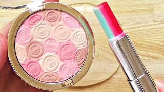 Slime Coloring with Makeup! Mixing Pink & Green Lipstick and Flower Cheek into Clear Slime!