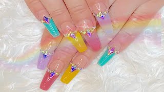 🌈 HOW TO: Shimmery Rainbow French Acrylic Coffin Nails Tutorial 🌈