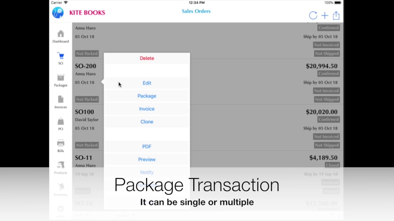 Kite Books iPad -  How to create Sale Oder (SO) with Package, Invoice and Payment